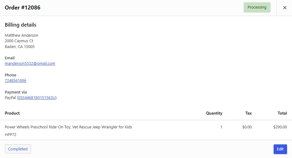 WooCommerce completed sale order